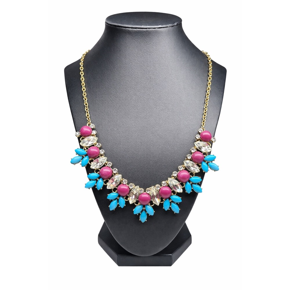 Talbots Statement Necklace Pink‎ Turquoise Crystal Gold Tone Bib Floral Cabochon